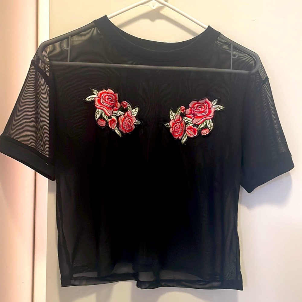 Mesh crop blouse; rose detail
